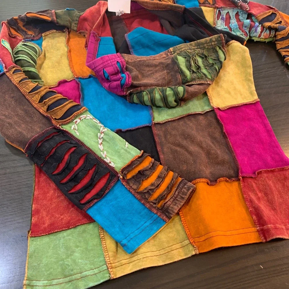 Boho Patchwork Hoodie‎ L Nepal Cotton Embroidered Festival Hippie Cottagecore